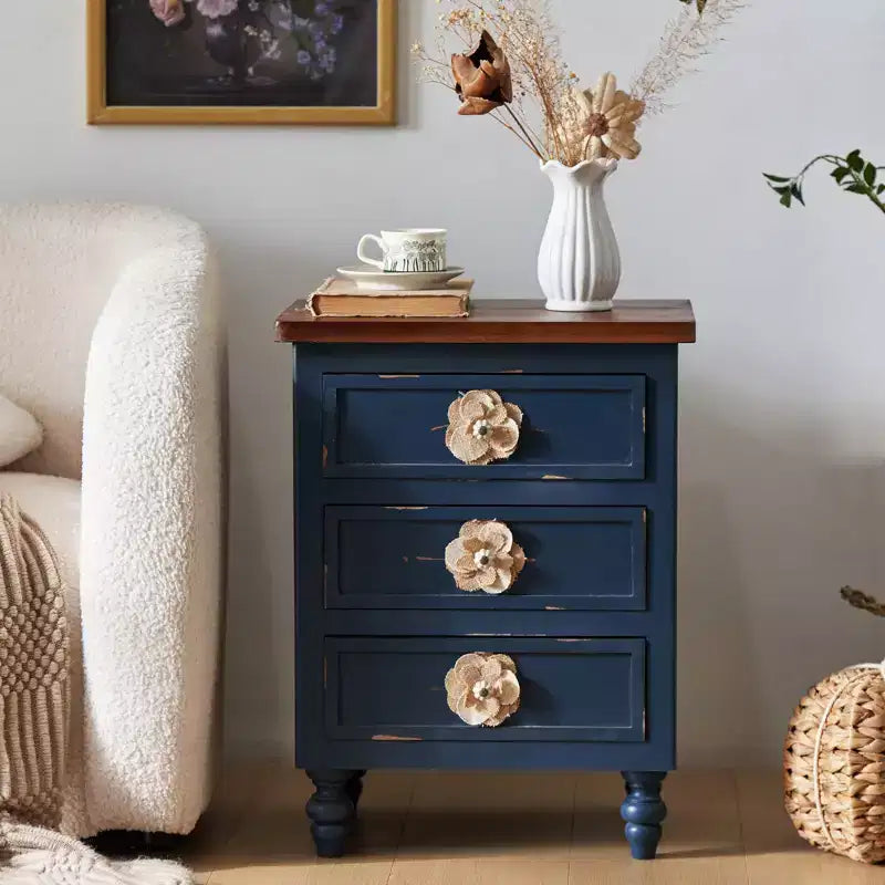ModernLuxe Nightstand with 3 Drawers & Floral Knobs Vintage Farmhouse End Table Bedside or Sofa Accent Table