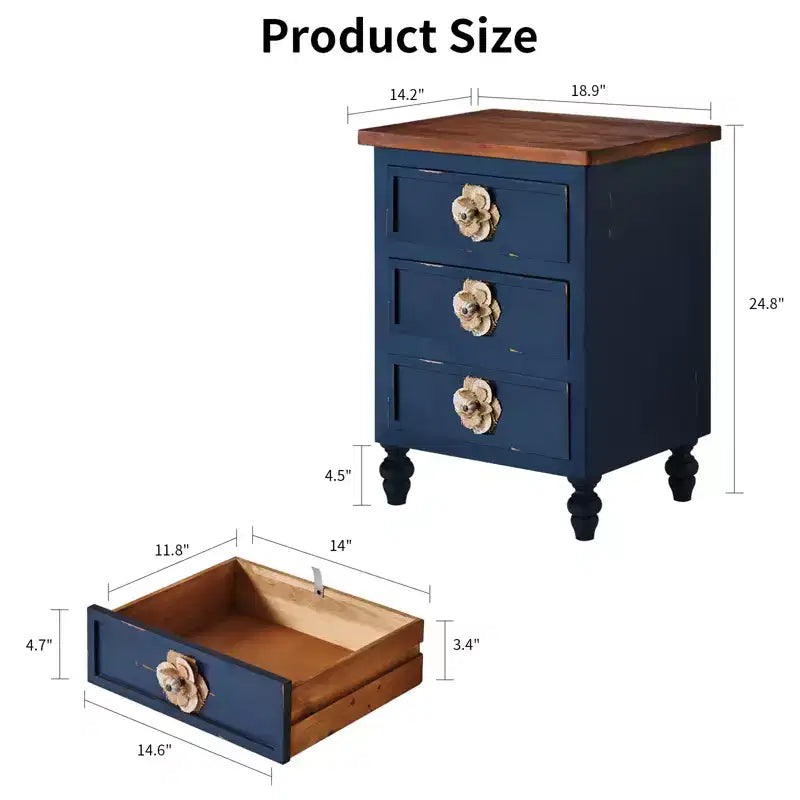 ModernLuxe Nightstand with 3 Drawers & Floral Knobs Vintage Farmhouse End Table Bedside or Sofa Accent Table