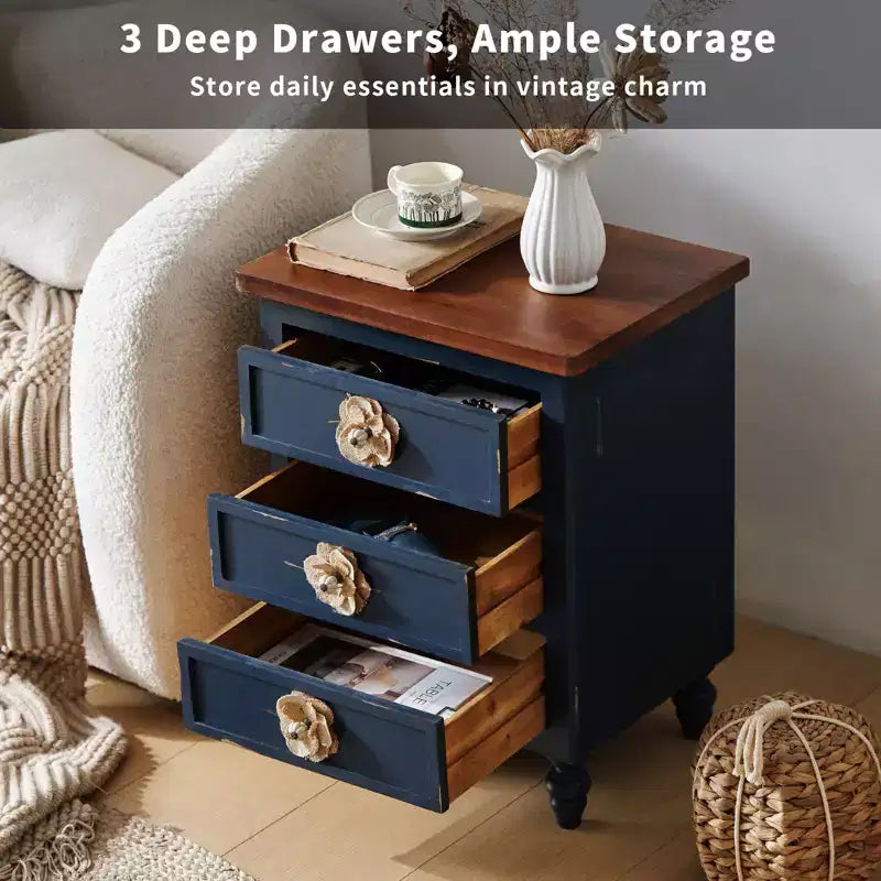 ModernLuxe Nightstand with 3 Drawers & Floral Knobs Vintage Farmhouse End Table Bedside or Sofa Accent Table