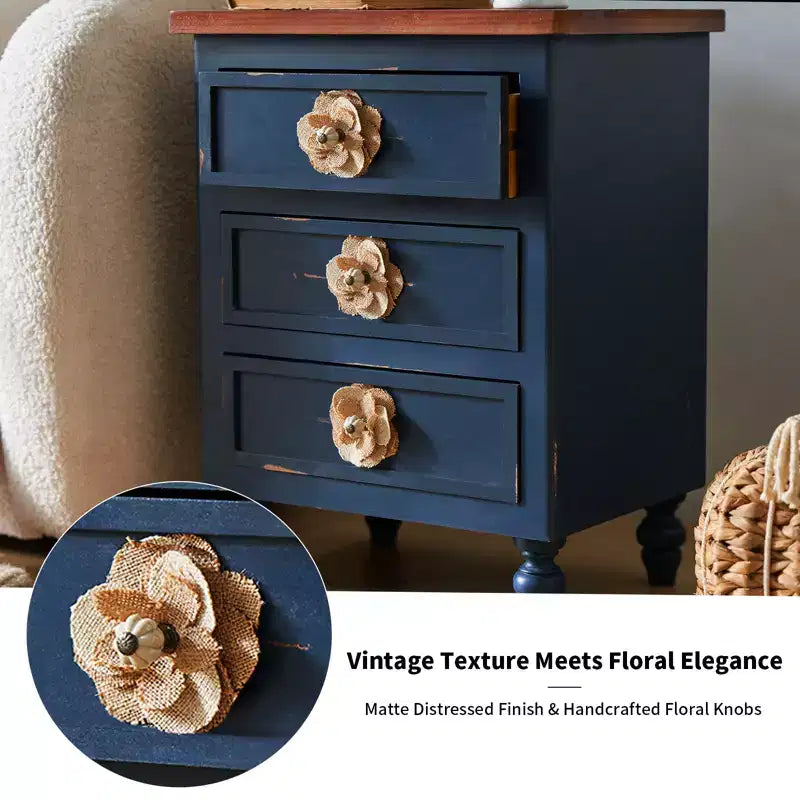 ModernLuxe Nightstand with 3 Drawers & Floral Knobs Vintage Farmhouse End Table Bedside or Sofa Accent Table