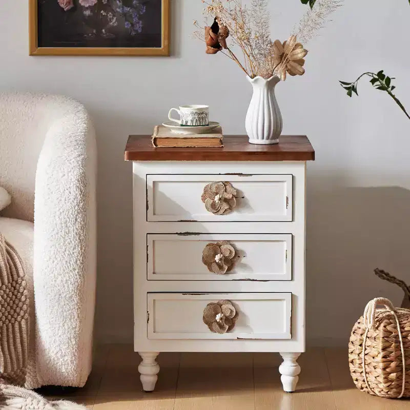 ModernLuxe Nightstand with 3 Drawers & Floral Knobs Vintage Farmhouse End Table Bedside or Sofa Accent Table