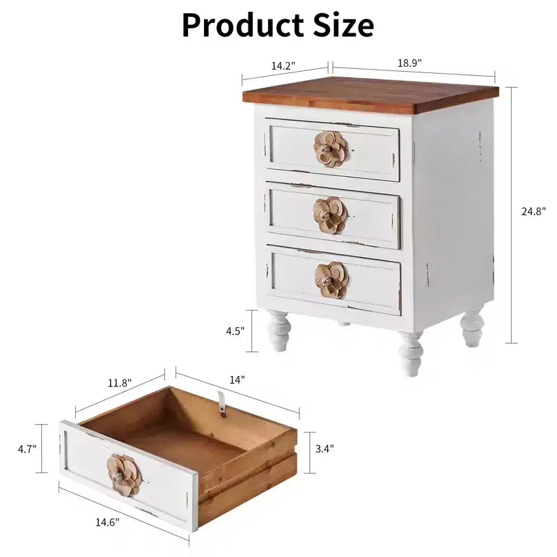ModernLuxe Nightstand with 3 Drawers & Floral Knobs Vintage Farmhouse End Table Bedside or Sofa Accent Table