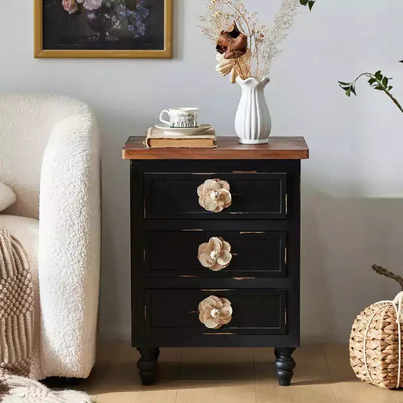 ModernLuxe Nightstand with 3 Drawers & Floral Knobs Vintage Farmhouse End Table Bedside or Sofa Accent Table