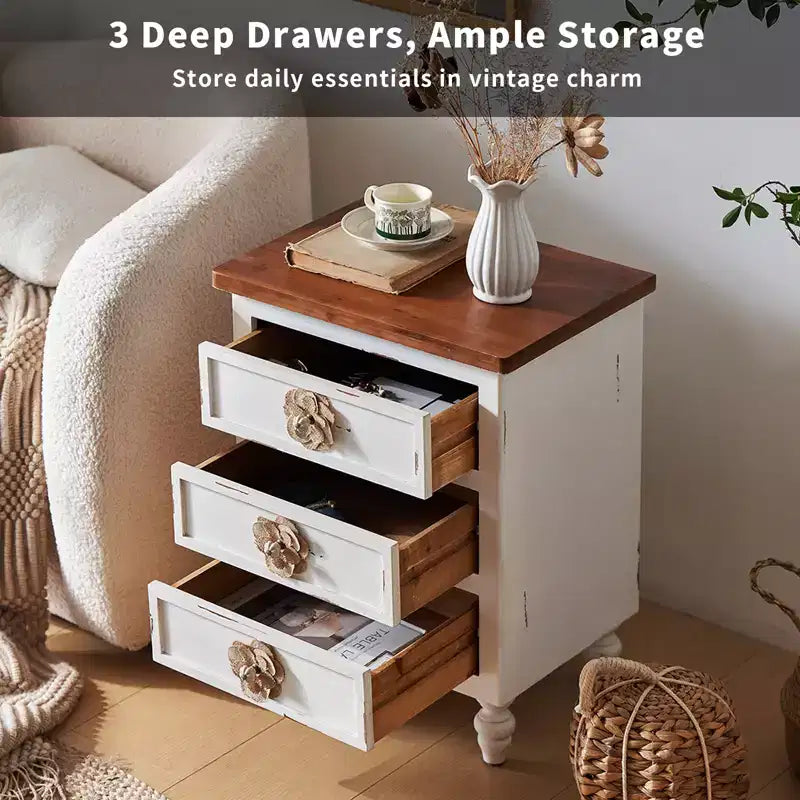 ModernLuxe Nightstand with 3 Drawers & Floral Knobs Vintage Farmhouse End Table Bedside or Sofa Accent Table
