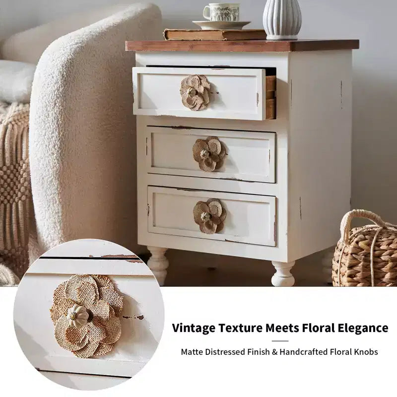 ModernLuxe Nightstand with 3 Drawers & Floral Knobs Vintage Farmhouse End Table Bedside or Sofa Accent Table