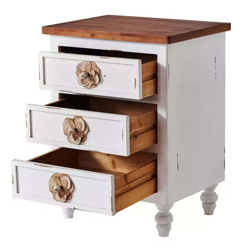 ModernLuxe Nightstand with 3 Drawers & Floral Knobs Vintage Farmhouse End Table Bedside or Sofa Accent Table