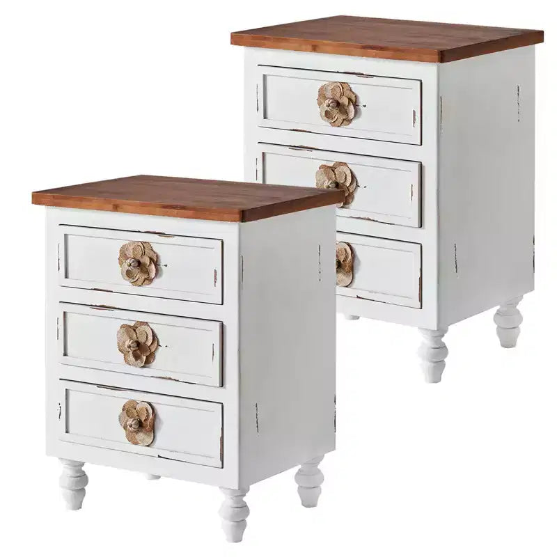 ModernLuxe Nightstand with 3 Drawers & Floral Knobs Vintage Farmhouse End Table Bedside or Sofa Accent Table