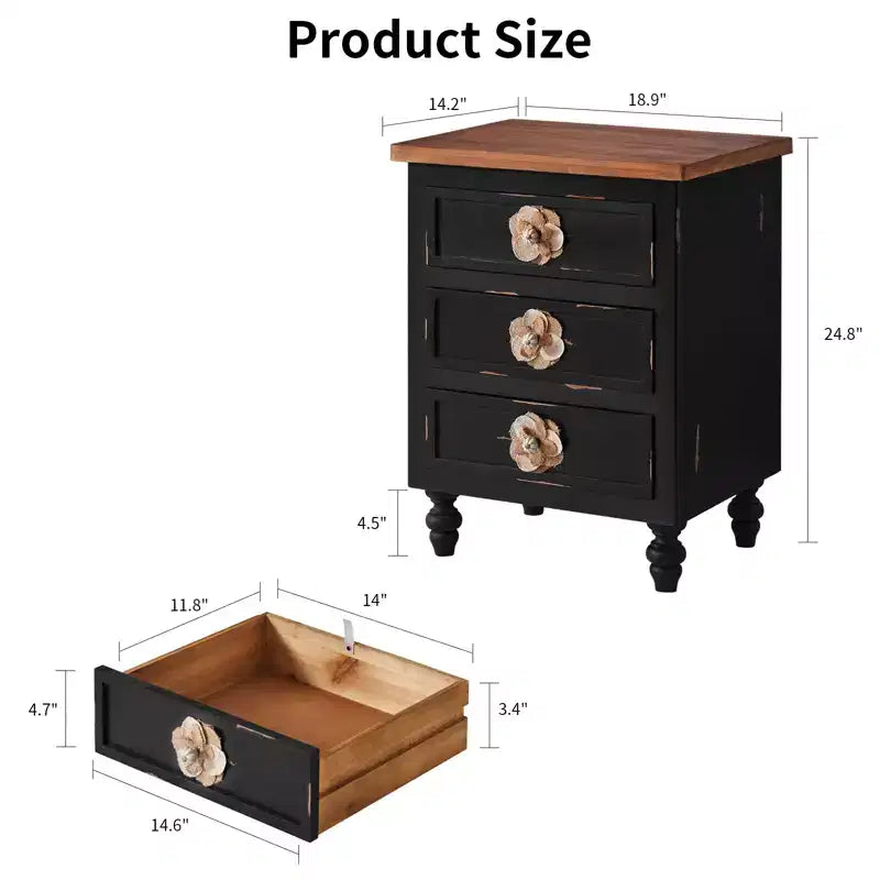 ModernLuxe Nightstand with 3 Drawers & Floral Knobs Vintage Farmhouse End Table Bedside or Sofa Accent Table
