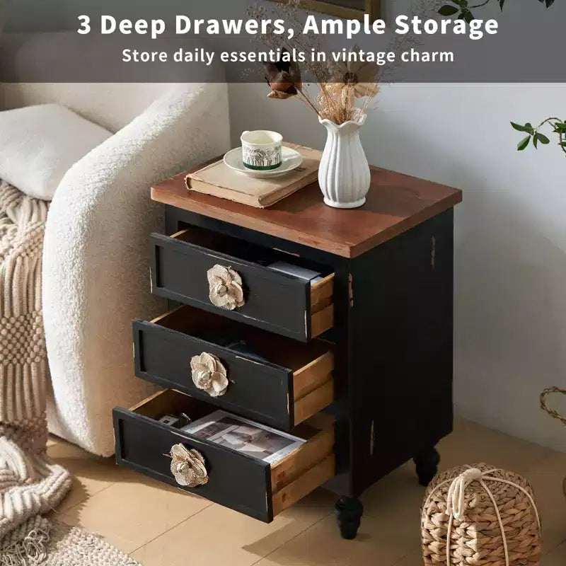 ModernLuxe Nightstand with 3 Drawers & Floral Knobs Vintage Farmhouse End Table Bedside or Sofa Accent Table