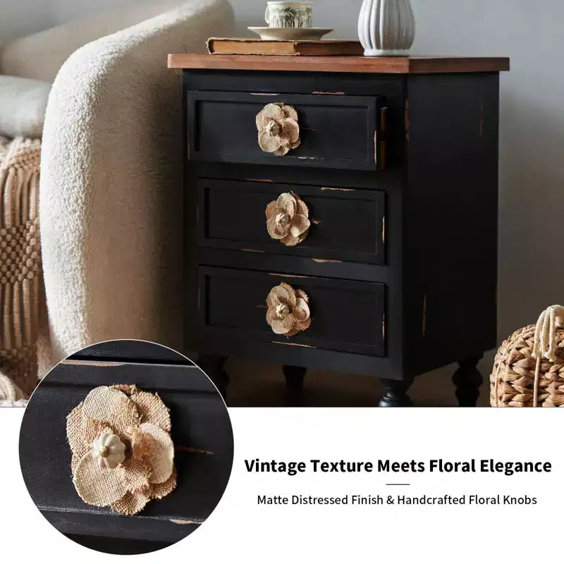 ModernLuxe Nightstand with 3 Drawers & Floral Knobs Vintage Farmhouse End Table Bedside or Sofa Accent Table