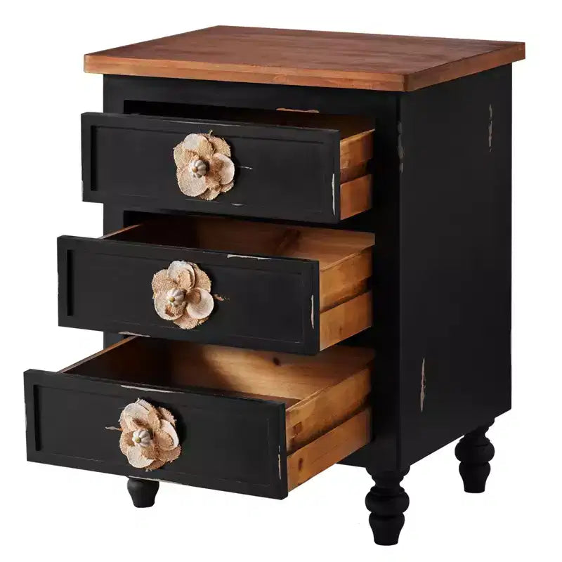 ModernLuxe Nightstand with 3 Drawers & Floral Knobs Vintage Farmhouse End Table Bedside or Sofa Accent Table