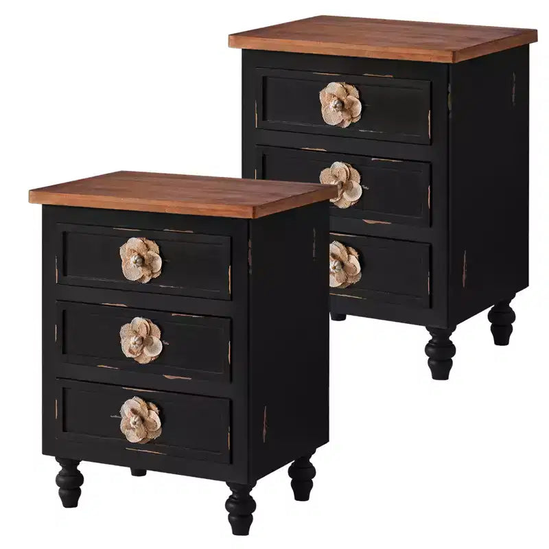ModernLuxe Nightstand with 3 Drawers & Floral Knobs Vintage Farmhouse End Table Bedside or Sofa Accent Table