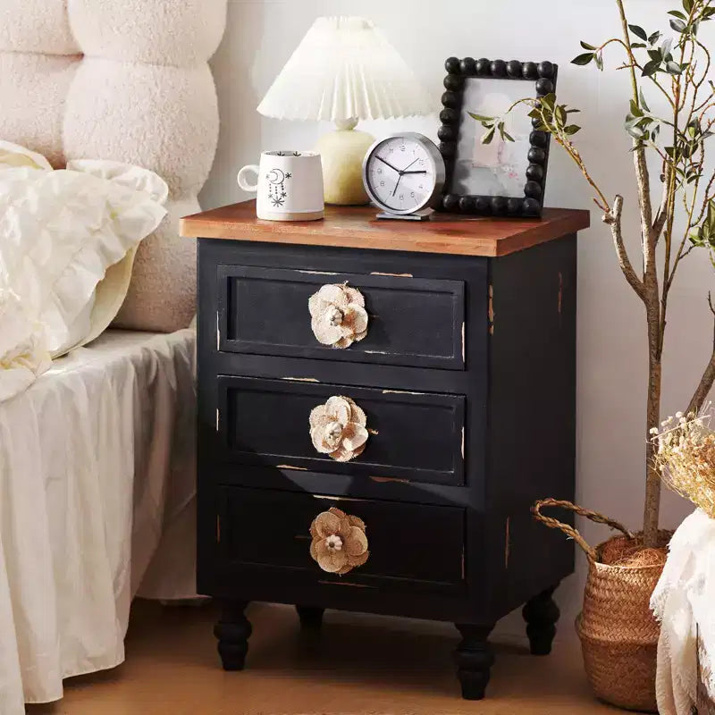ModernLuxe Nightstand with 3 Drawers & Floral Knobs Vintage Farmhouse End Table Bedside or Sofa Accent Table