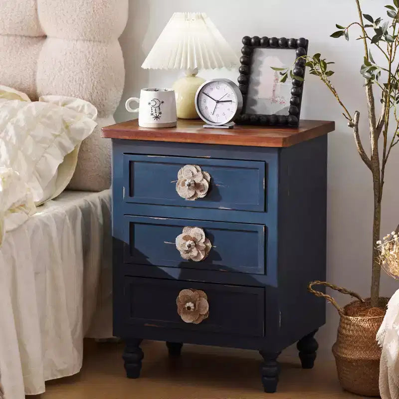 ModernLuxe Nightstand with 3 Drawers & Floral Knobs Vintage Farmhouse End Table Bedside or Sofa Accent Table