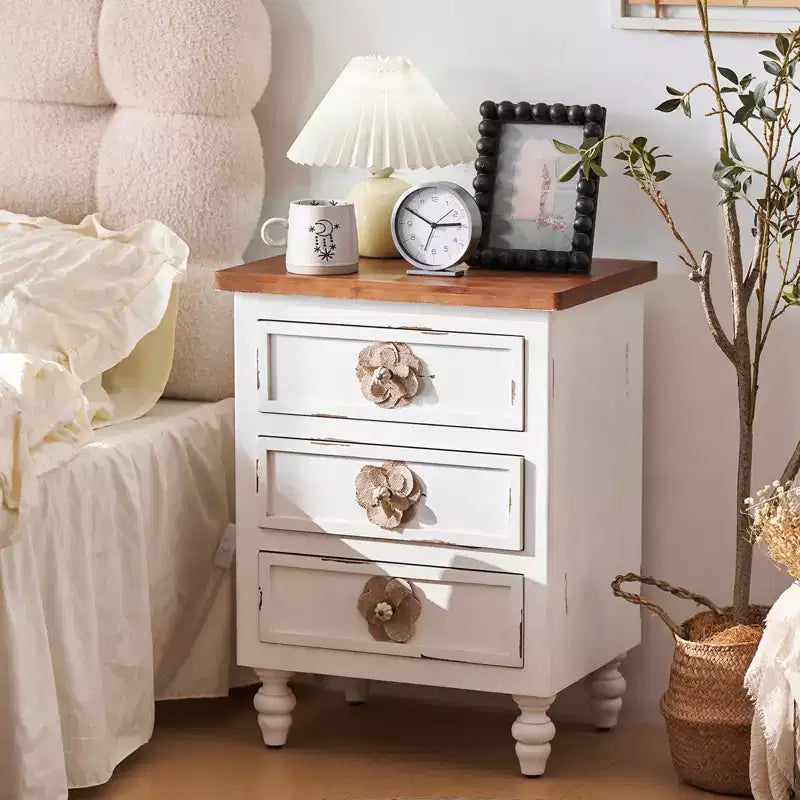 ModernLuxe Nightstand with 3 Drawers & Floral Knobs Vintage Farmhouse End Table Bedside or Sofa Accent Table