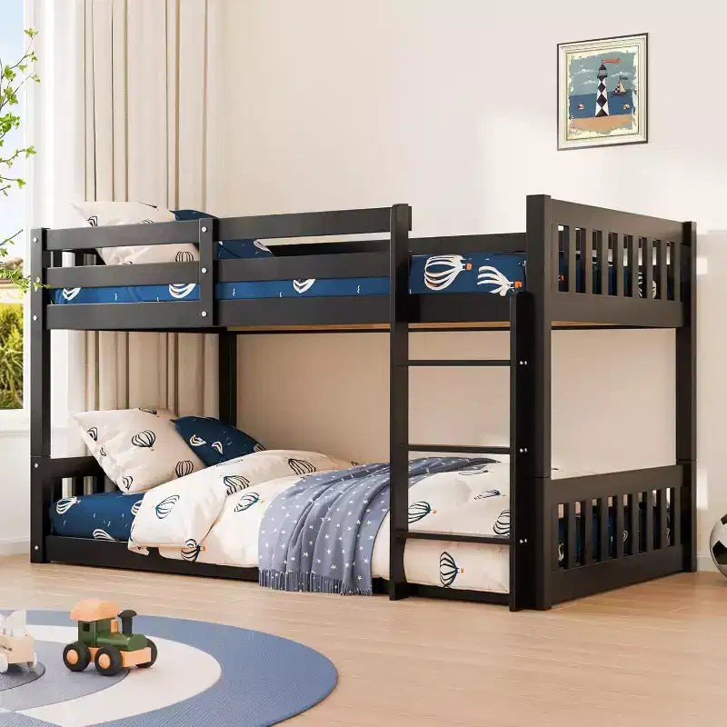 JOYMOR Solid Wood Low Twin Over Twin Bunk Bed for Kids/Junior Bunk Bed Frame with Guardrails & Ladder for Boys Girls No Box Spring Needed (Black)