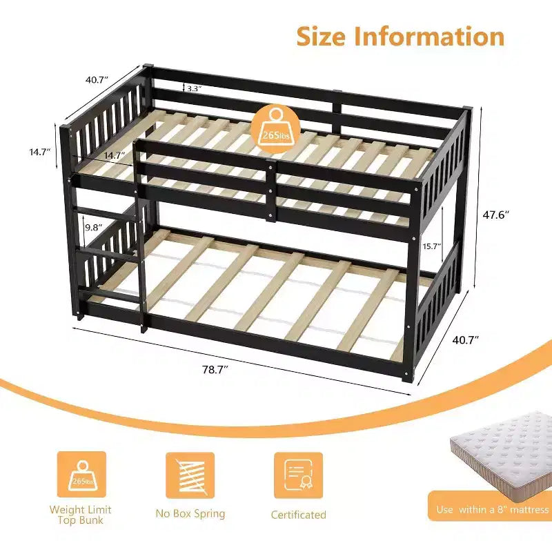 JOYMOR Solid Wood Low Twin Over Twin Bunk Bed for Kids/Junior Bunk Bed Frame with Guardrails & Ladder for Boys Girls No Box Spring Needed (Black)