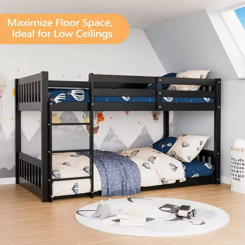 JOYMOR Solid Wood Low Twin Over Twin Bunk Bed for Kids/Junior Bunk Bed Frame with Guardrails & Ladder for Boys Girls No Box Spring Needed (Black)