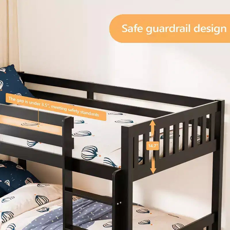 JOYMOR Solid Wood Low Twin Over Twin Bunk Bed for Kids/Junior Bunk Bed Frame with Guardrails & Ladder for Boys Girls No Box Spring Needed (Black)