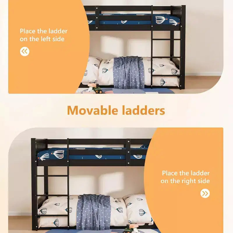 JOYMOR Solid Wood Low Twin Over Twin Bunk Bed for Kids/Junior Bunk Bed Frame with Guardrails & Ladder for Boys Girls No Box Spring Needed (Black)