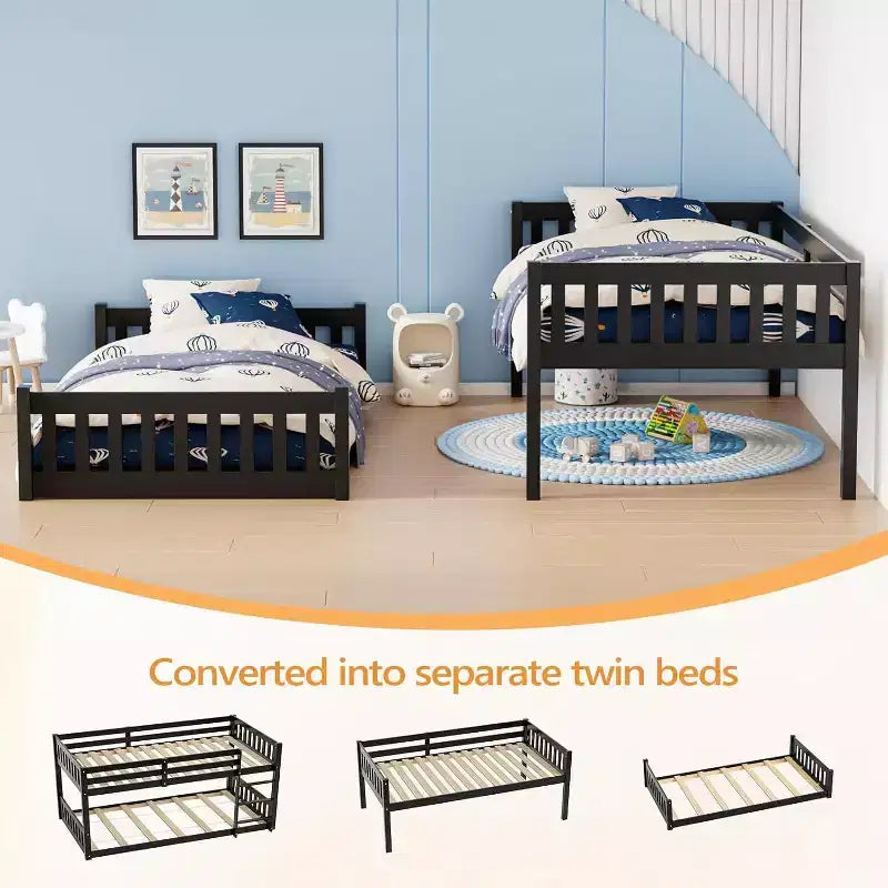 JOYMOR Solid Wood Low Twin Over Twin Bunk Bed for Kids/Junior Bunk Bed Frame with Guardrails & Ladder for Boys Girls No Box Spring Needed (Black)
