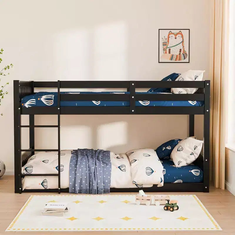 JOYMOR Solid Wood Low Twin Over Twin Bunk Bed for Kids/Junior Bunk Bed Frame with Guardrails & Ladder for Boys Girls No Box Spring Needed (Black)