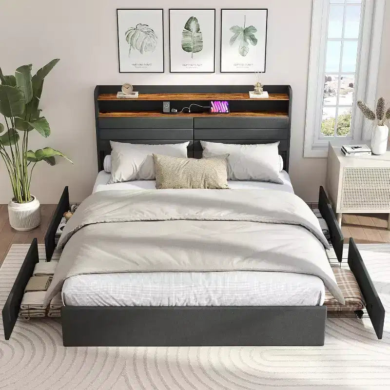Zevemomo Queen Bed Frame with 4 Storage Drawers Queen Size Upholstered Bed Frame with Headboard LED Sturdy Metal Slat Support Noiseless Gray