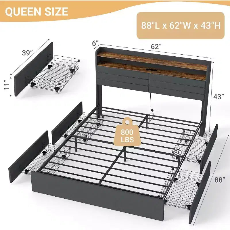 Zevemomo Queen Bed Frame with 4 Storage Drawers Queen Size Upholstered Bed Frame with Headboard LED Sturdy Metal Slat Support Noiseless Gray