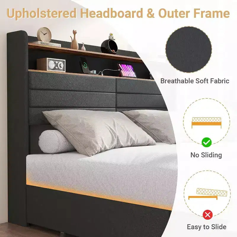Zevemomo Queen Bed Frame with 4 Storage Drawers Queen Size Upholstered Bed Frame with Headboard LED Sturdy Metal Slat Support Noiseless Gray