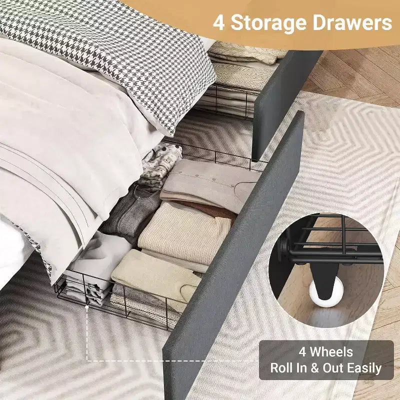Zevemomo Queen Bed Frame with 4 Storage Drawers Queen Size Upholstered Bed Frame with Headboard LED Sturdy Metal Slat Support Noiseless Gray
