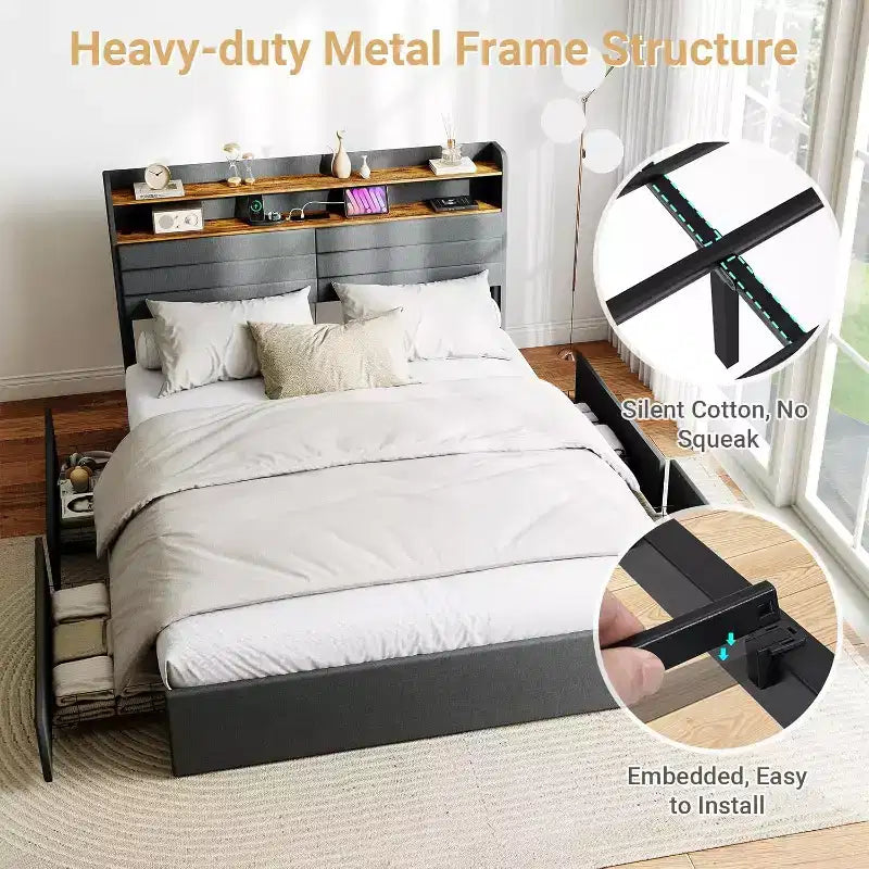 Zevemomo Queen Bed Frame with 4 Storage Drawers Queen Size Upholstered Bed Frame with Headboard LED Sturdy Metal Slat Support Noiseless Gray