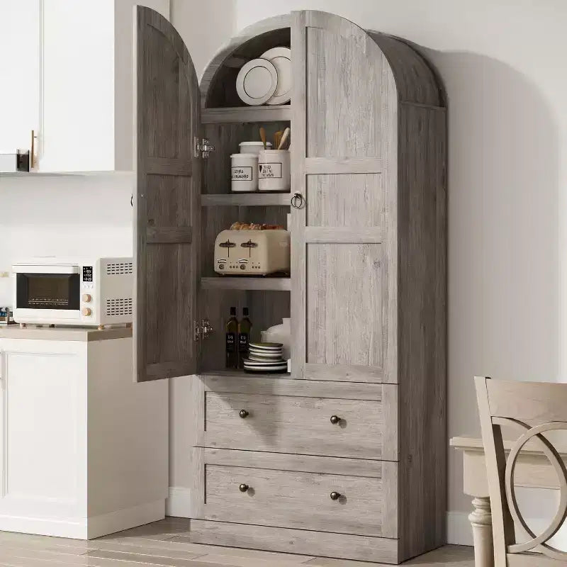 71 High Arched Bookcase Wooden Arched Bookshelf With Doors and Drawers Large Arched Display Bookcase With Storage Suitable for Office Living Room
