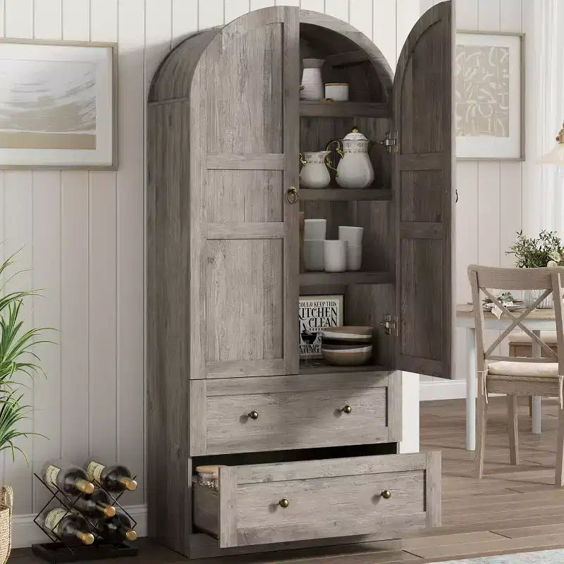 71 High Arched Bookcase Wooden Arched Bookshelf With Doors and Drawers Large Arched Display Bookcase With Storage Suitable for Office Living Room