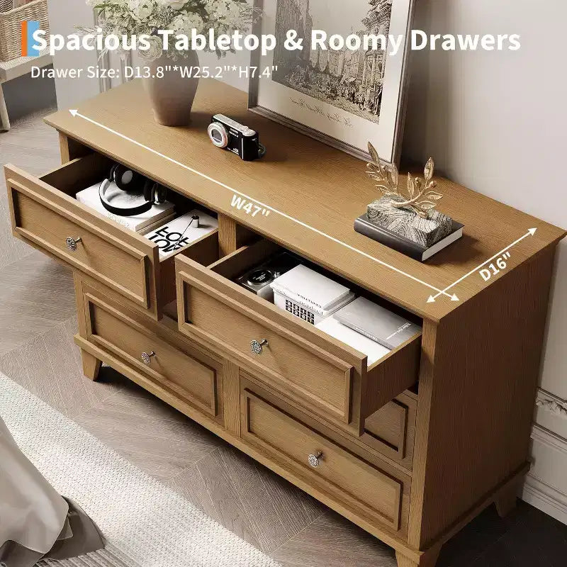 Farmhouse white storage cabinet with 6 drawers dresser TV stand with vintage handles wide wood for bedroom living room hallway
