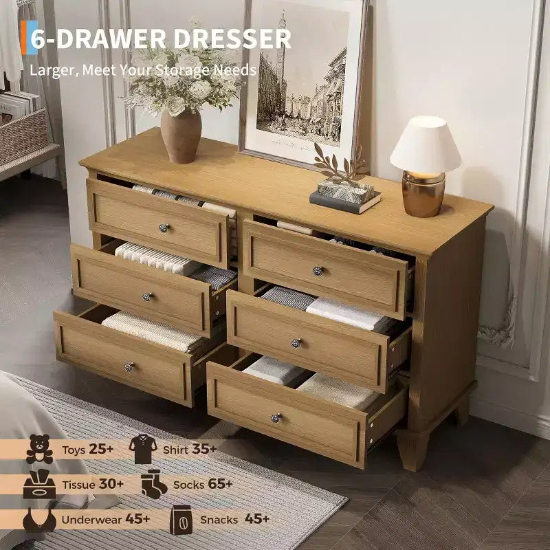 Farmhouse white storage cabinet with 6 drawers dresser TV stand with vintage handles wide wood for bedroom living room hallway