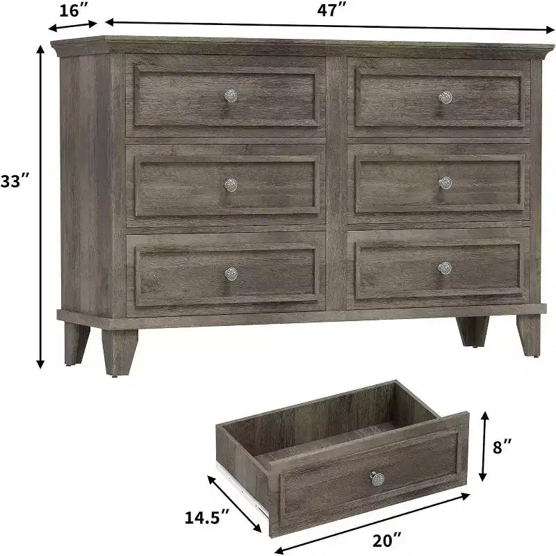 Farmhouse white storage cabinet with 6 drawers dresser TV stand with vintage handles wide wood for bedroom living room hallway