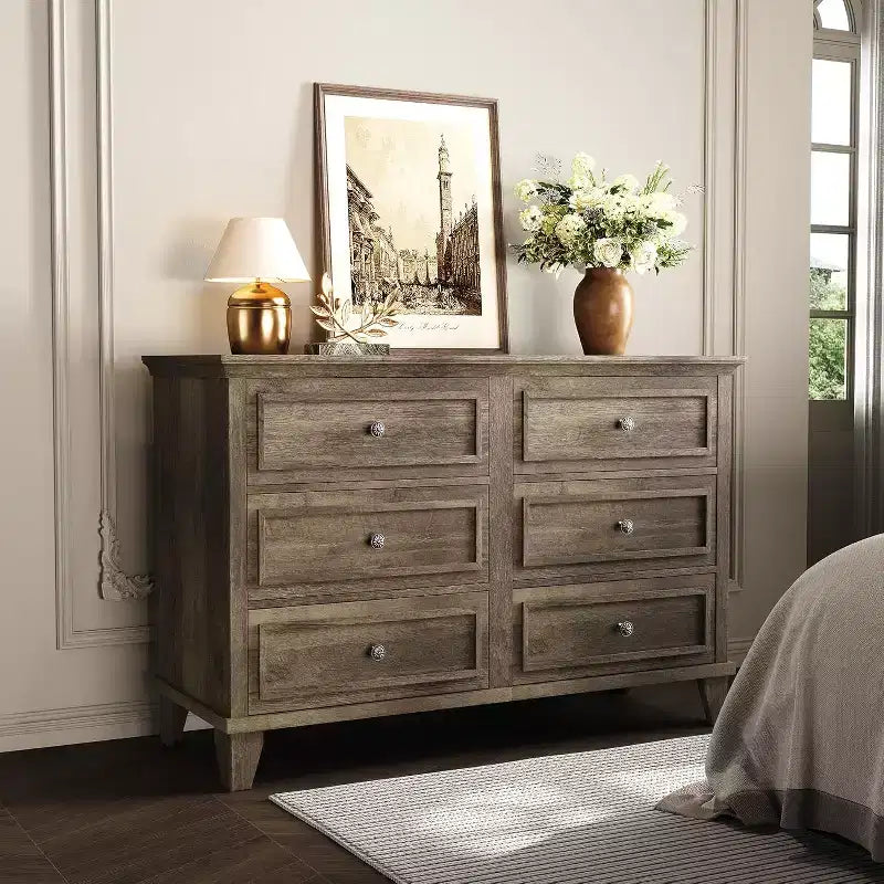 Farmhouse white storage cabinet with 6 drawers dresser TV stand with vintage handles wide wood for bedroom living room hallway
