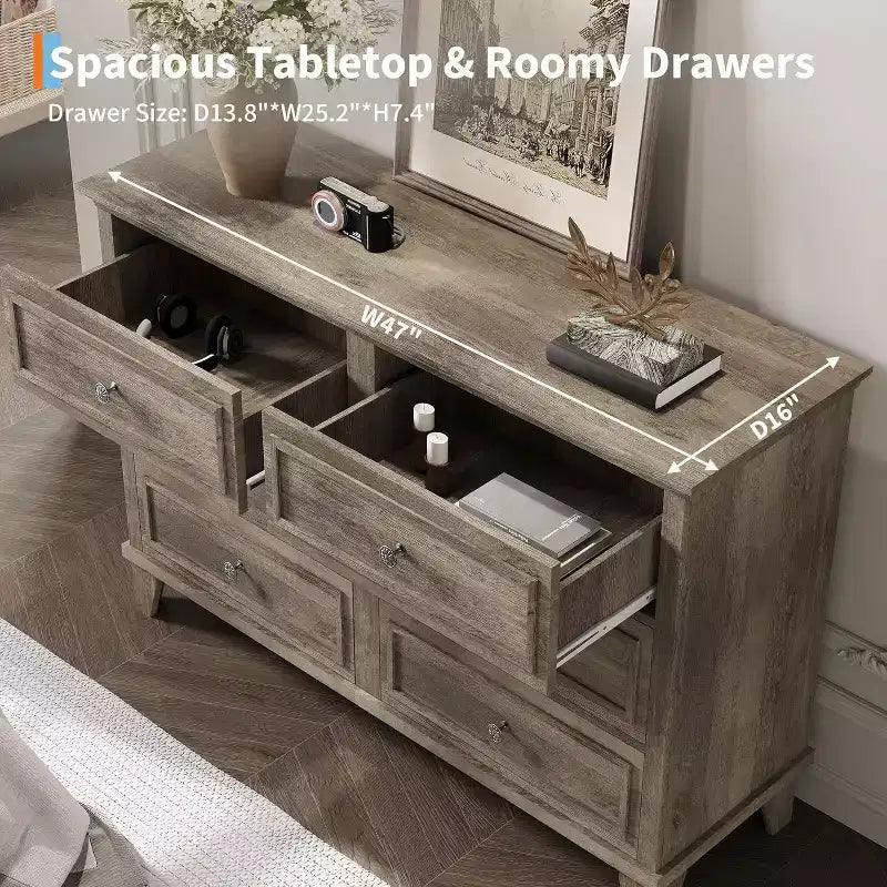 Farmhouse white storage cabinet with 6 drawers dresser TV stand with vintage handles wide wood for bedroom living room hallway