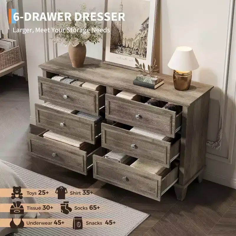 Farmhouse white storage cabinet with 6 drawers dresser TV stand with vintage handles wide wood for bedroom living room hallway