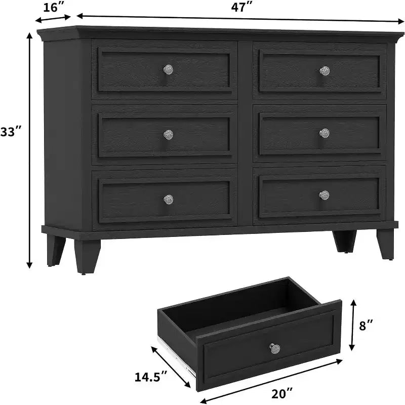 Farmhouse white storage cabinet with 6 drawers dresser TV stand with vintage handles wide wood for bedroom living room hallway