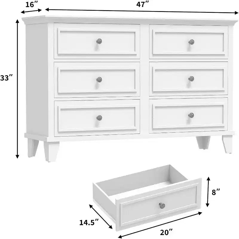 Farmhouse white storage cabinet with 6 drawers dresser TV stand with vintage handles wide wood for bedroom living room hallway