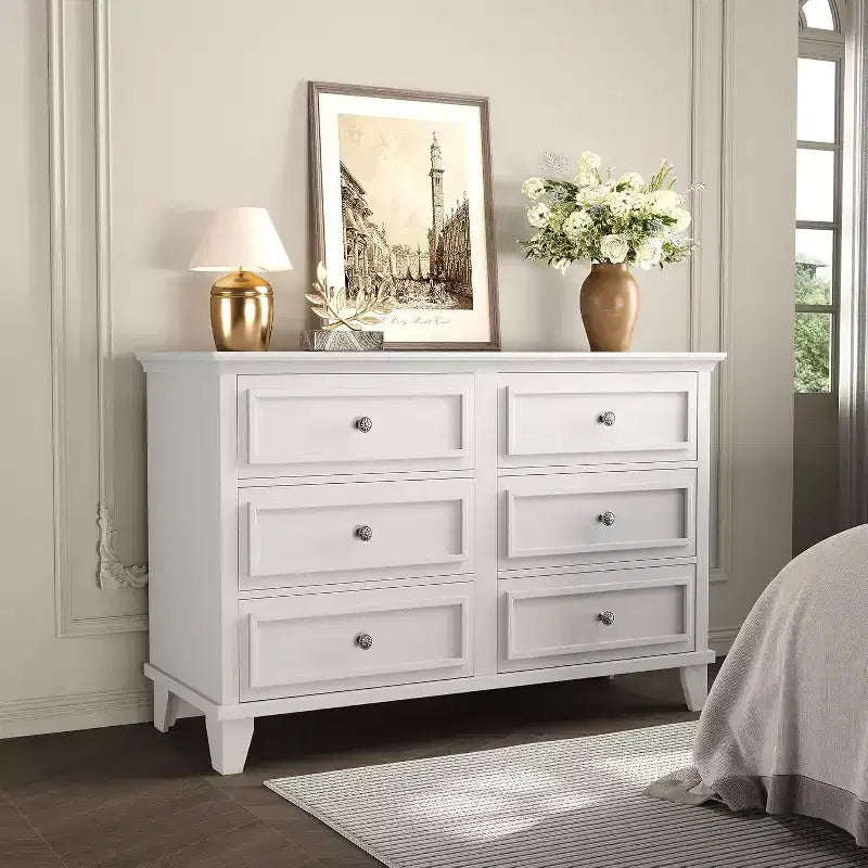 Farmhouse white storage cabinet with 6 drawers dresser TV stand with vintage handles wide wood for bedroom living room hallway
