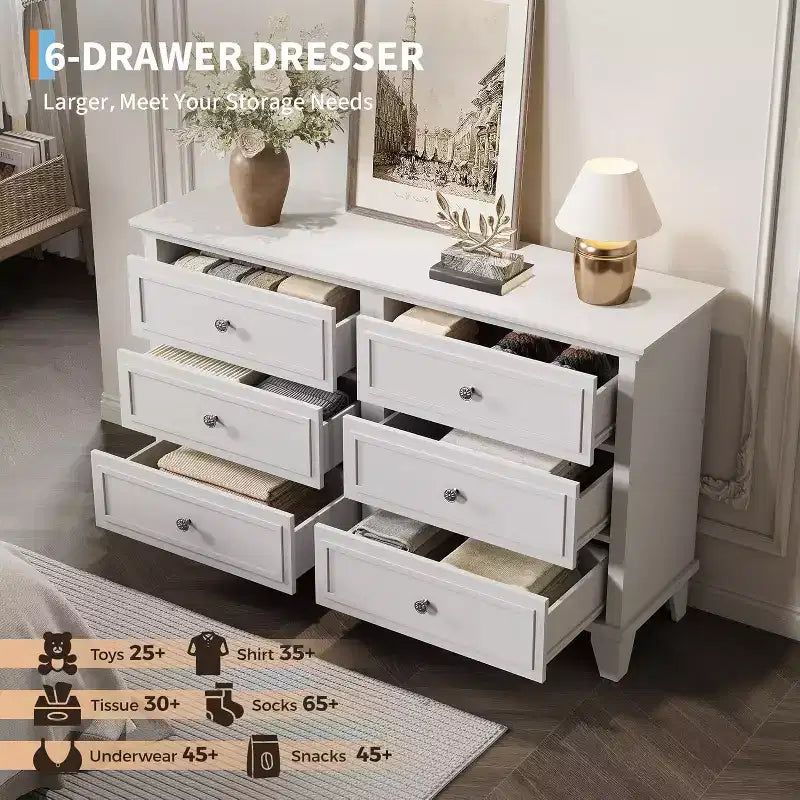 Farmhouse white storage cabinet with 6 drawers dresser TV stand with vintage handles wide wood for bedroom living room hallway