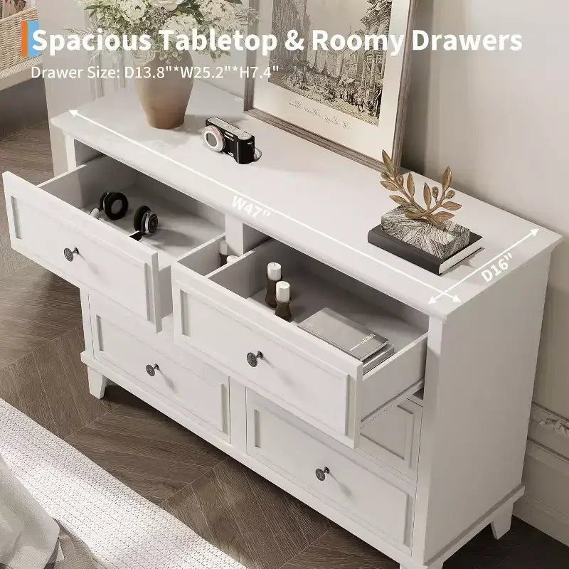 Farmhouse white storage cabinet with 6 drawers dresser TV stand with vintage handles wide wood for bedroom living room hallway