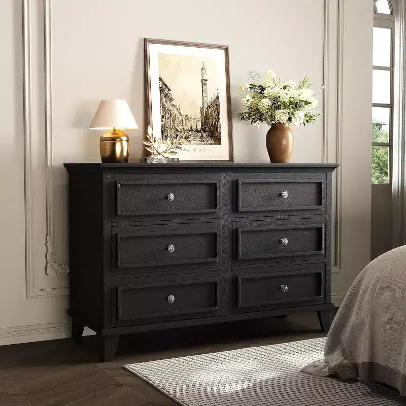 Farmhouse white storage cabinet with 6 drawers dresser TV stand with vintage handles wide wood for bedroom living room hallway