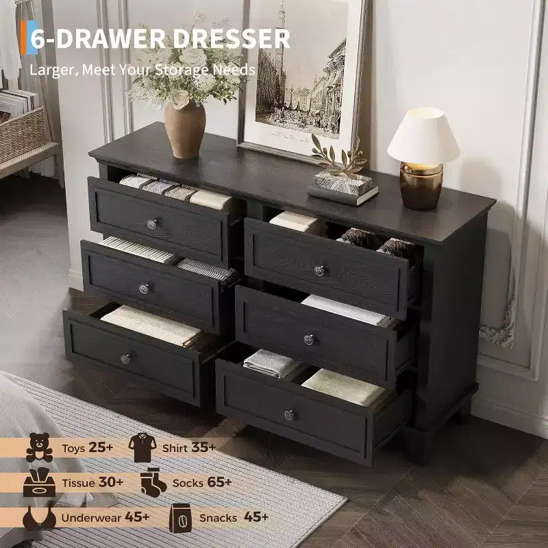 Farmhouse white storage cabinet with 6 drawers dresser TV stand with vintage handles wide wood for bedroom living room hallway