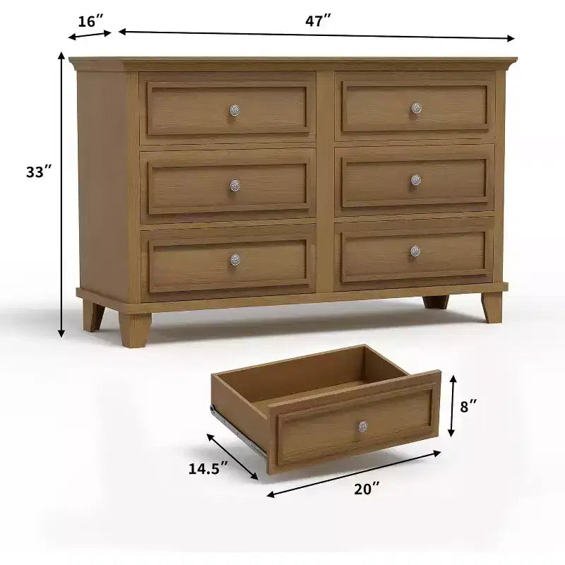 Farmhouse white storage cabinet with 6 drawers dresser TV stand with vintage handles wide wood for bedroom living room hallway