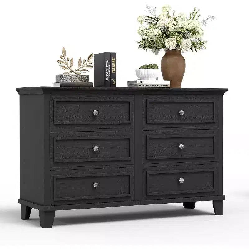 Farmhouse white storage cabinet with 6 drawers dresser TV stand with vintage handles wide wood for bedroom living room hallway