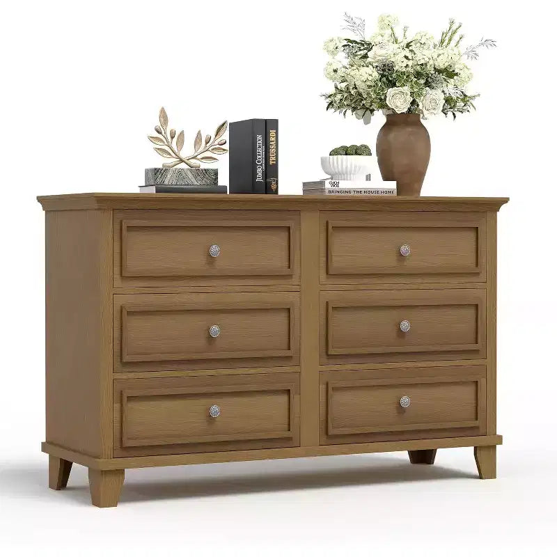 Farmhouse white storage cabinet with 6 drawers dresser TV stand with vintage handles wide wood for bedroom living room hallway