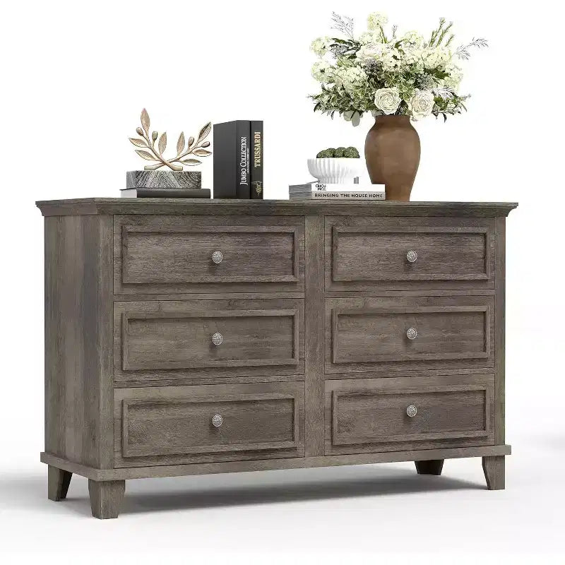 Farmhouse white storage cabinet with 6 drawers dresser TV stand with vintage handles wide wood for bedroom living room hallway